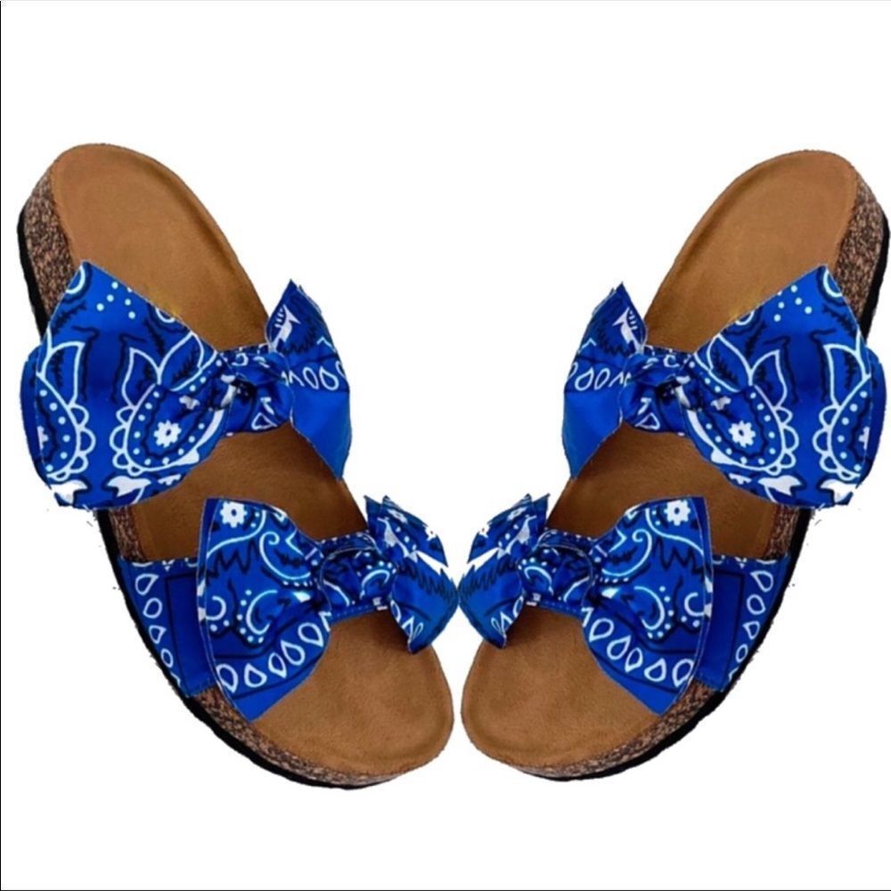 Blue Bandana Double Bow Slides Sandals - Picture 3 of 5